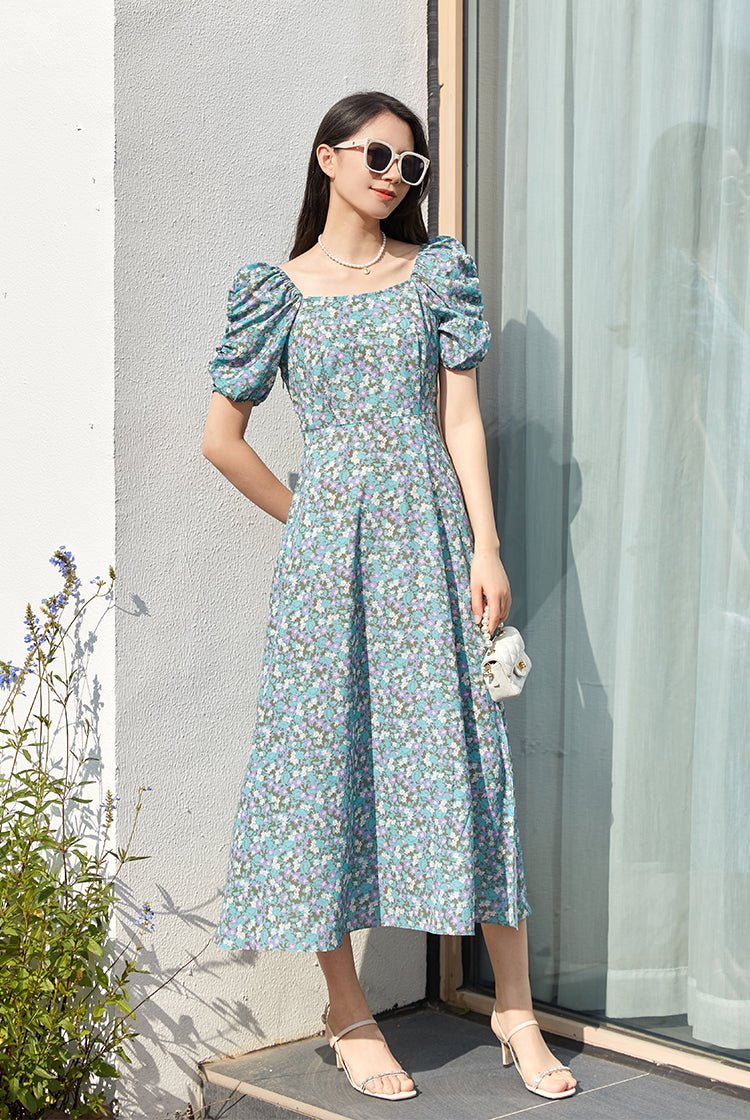 Blue Green Ditsy Floral Midi Dress - SHIMENG