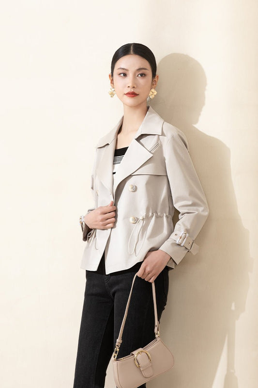 Beige Double Breasted Short Trench Coats - SHIMENG