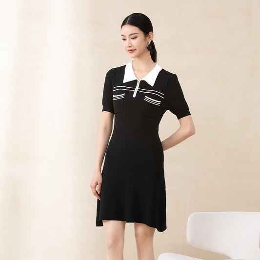 Black Short Sleeve Polo Collar Dress - SHIMENG
