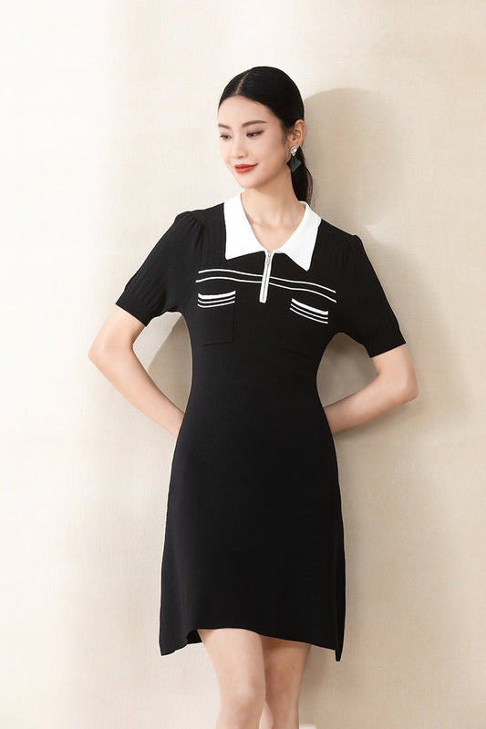 Black Short Sleeve Polo Collar Dress - SHIMENG
