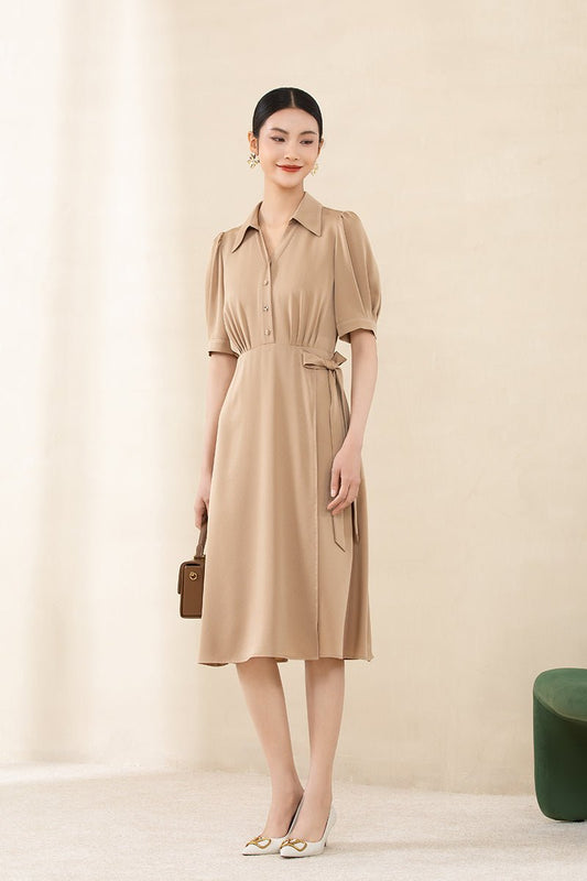 Camel Waist Midi Dress with Buttons - SHIMENG