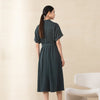 Dark Green Belted Waist Midi Dress with Buttons - SHIMENG