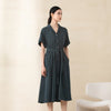 Dark Green Belted Waist Midi Dress with Buttons - SHIMENG