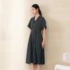 Dark Green Belted Waist Midi Dress with Buttons - SHIMENG