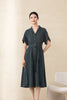 Dark Green Belted Waist Midi Dress with Buttons - SHIMENG