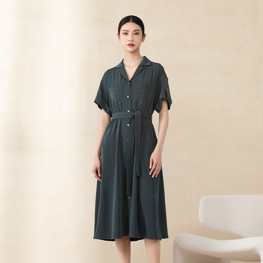 Dark Green Belted Waist Midi Dress with Buttons - SHIMENG