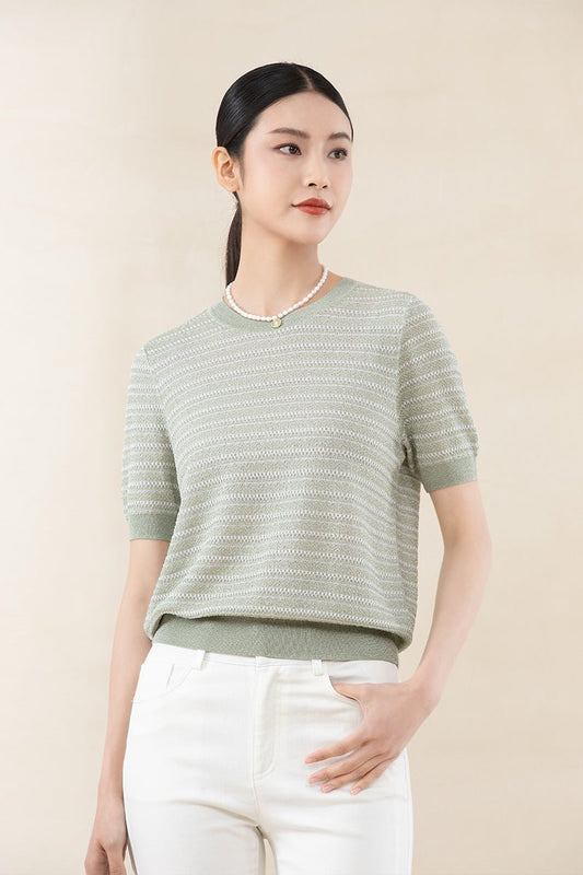 Grass Green Knitted Short Sleeve T-shirt - SHIMENG