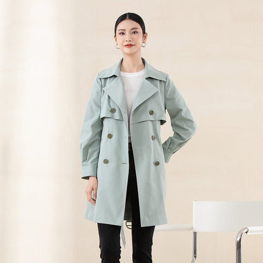Grey Green Double Breasted Long Trench Coats - SHIMENG
