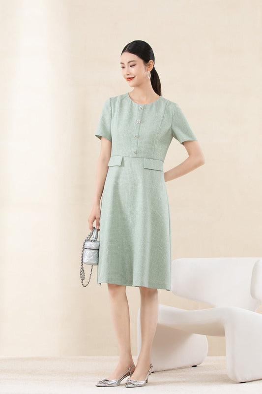 Grey Green Slim Waist Midi Dress - SHIMENG