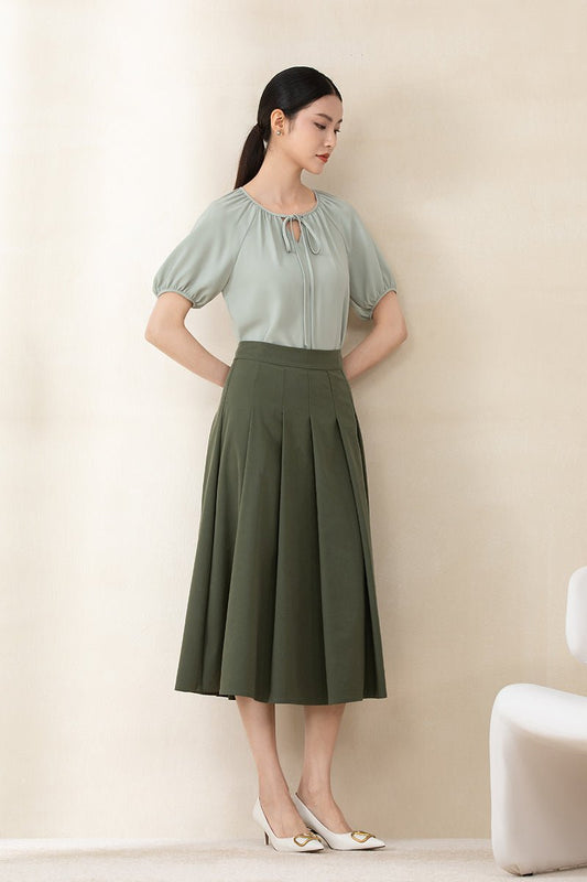 Olive High Waist Midi Pleated Skirt - SHIMENG