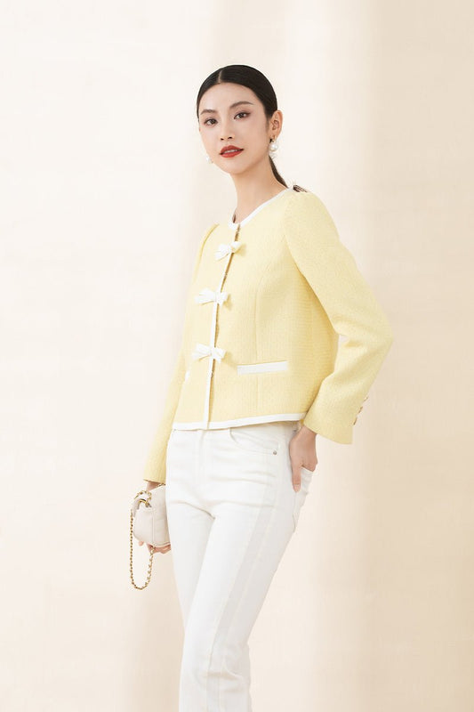 Yellow Tweed Short Jacket with Bow Tie - SHIMENG