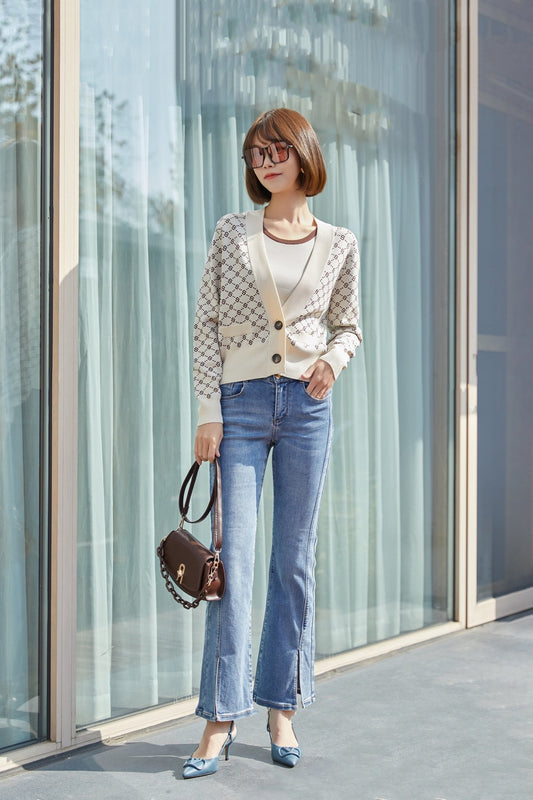 Beige Open Front Knit Printed Cardigans Sweater - SHIMENG