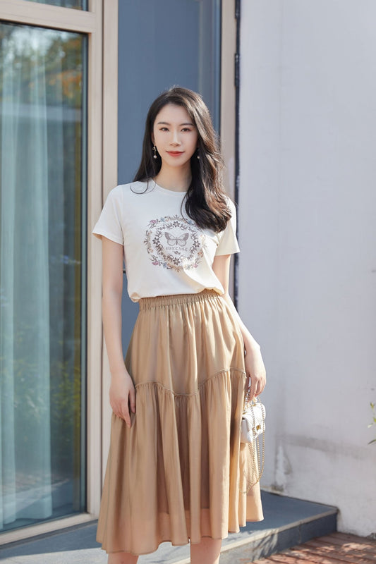 Beige T-shirt With Butterfly Floral Pattern - SHIMENG