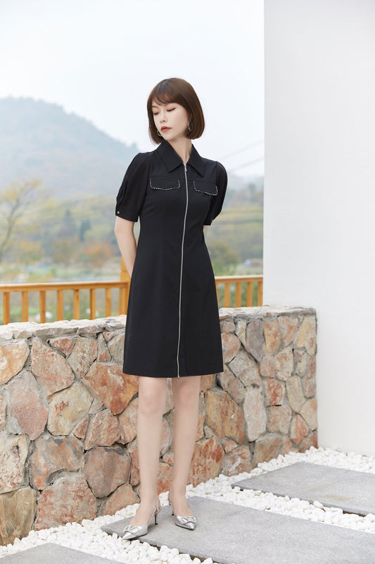 Black A-line Short Sleeve Dress - SHIMENG