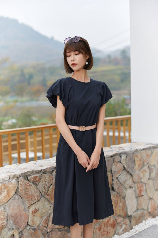 Black Bud Sleeve Waist Band Dress - SHIMENG