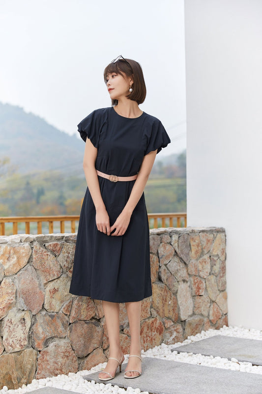 Black Bud Sleeve Waist Band Dress - SHIMENG