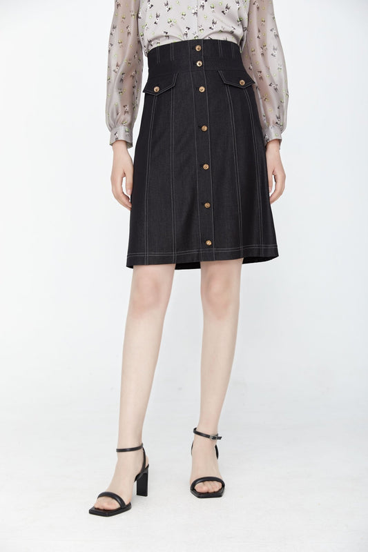 Black Button High Waist Demin Skirts - SHIMENG
