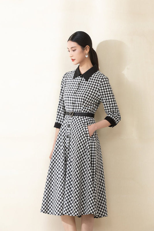 Black Checkered Waist Belted Midi Dresses - SHIMENG