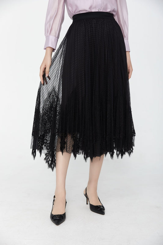 Black Elastic Waist Tulle Lace Midi Skirt - SHIMENG