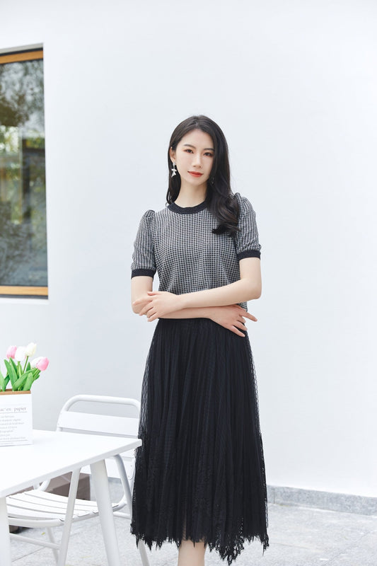Black Knitted Puff Short Sleeve Sweater - SHIMENG