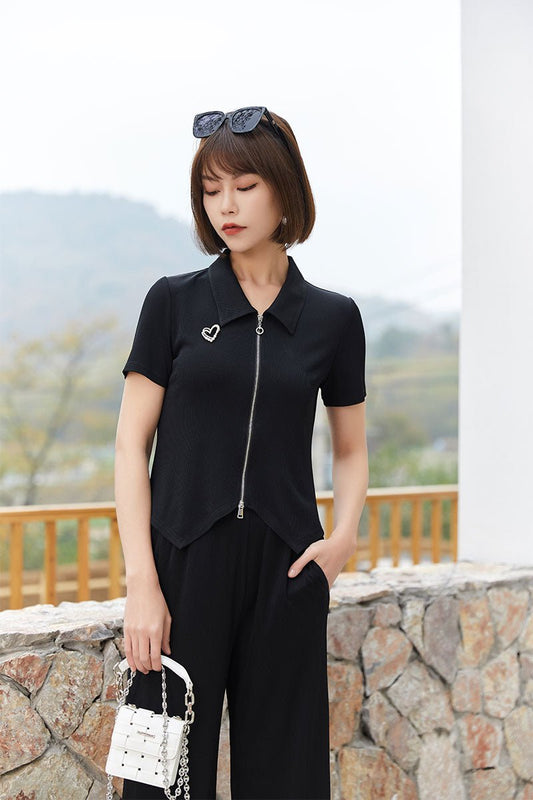 Black Knitted T-shirt With Zipper - SHIMENG