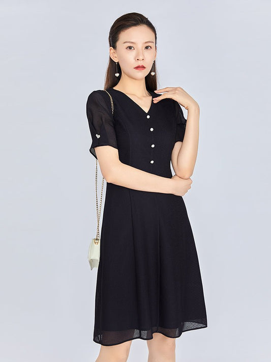 Black Lace Sleeve V Neck Pearl Dress - SHIMENG