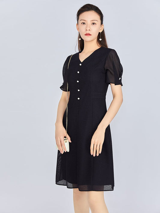 Black Lace Sleeve V Neck Pearl Dress - SHIMENG