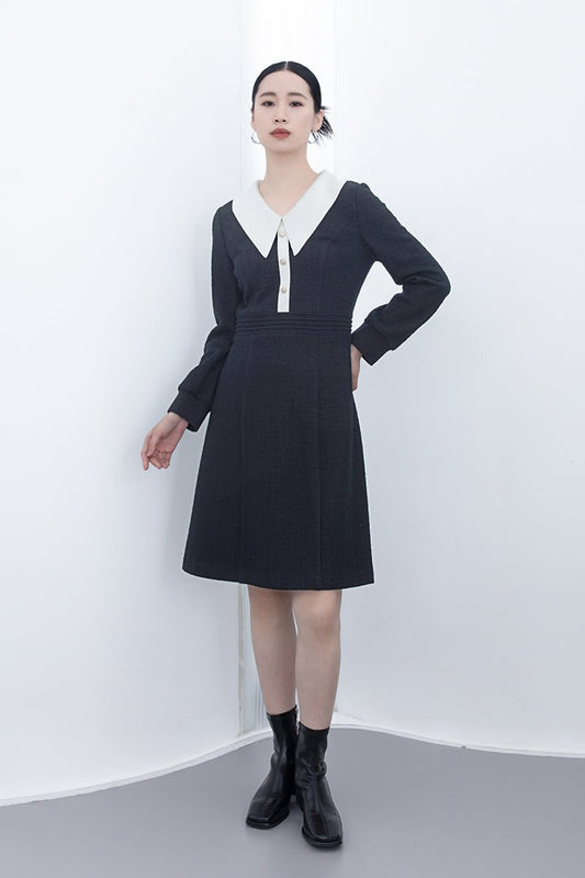 Black Large Collar Midi Dress - SHIMENG