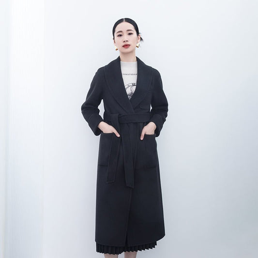 Black Long Belted Lapel Wool Trench Coats - SHIMENG