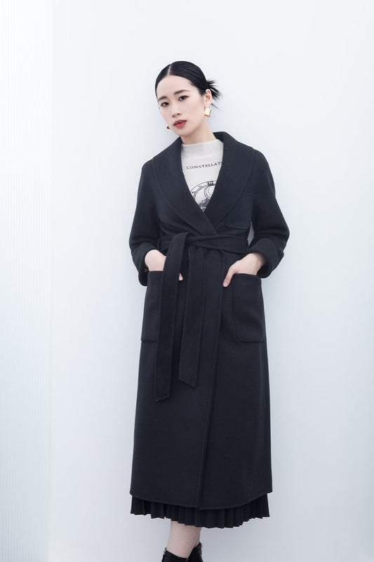 Black Long Belted Lapel Wool Trench Coats - SHIMENG