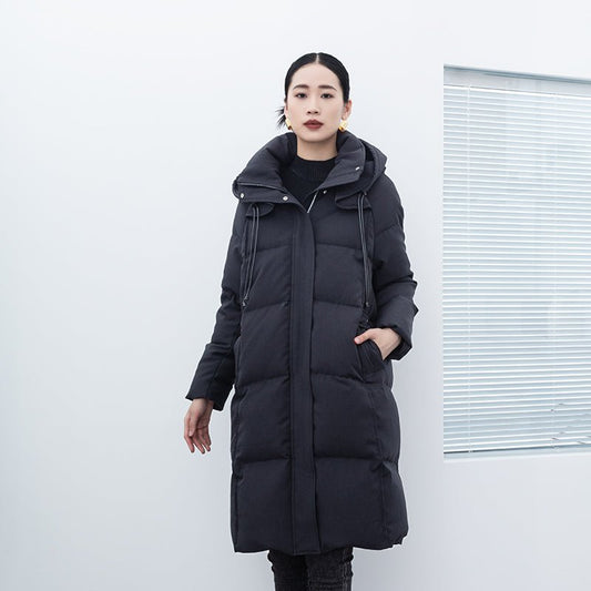 Black Long Hooded Stand Collar Down Jacket - SHIMENG