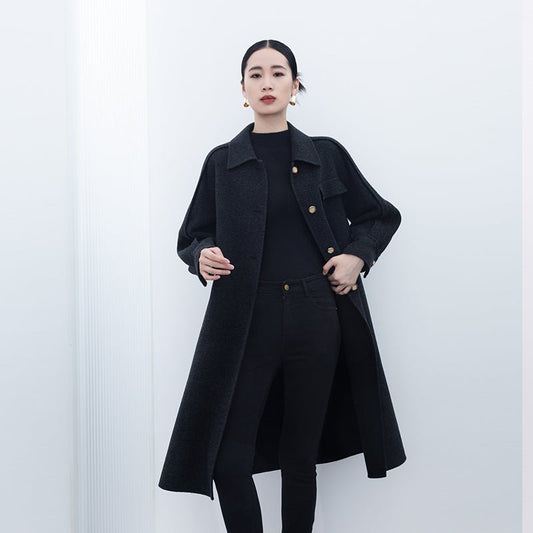 Black Long Wool Coats Metal Button - SHIMENG