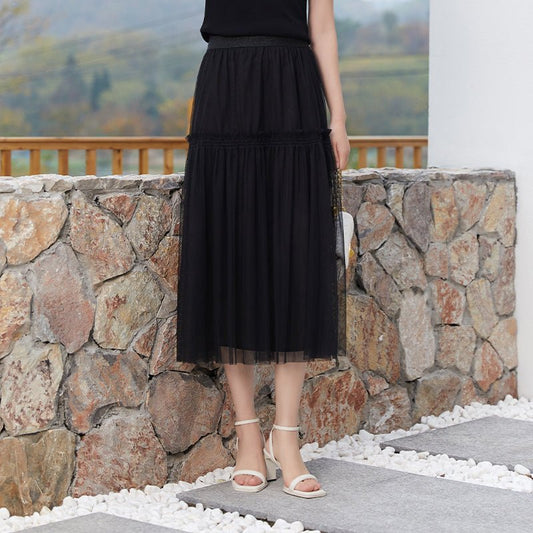 Black Paneled Sheer Lace Skirt - SHIMENG