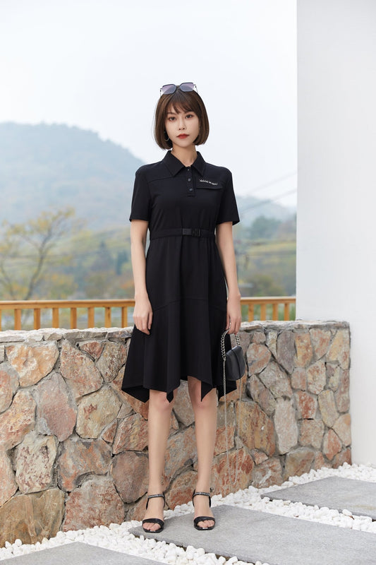 Black Polo Collar Waist Dress - SHIMENG