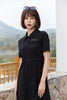 Black Polo Collar Waist Dress - SHIMENG