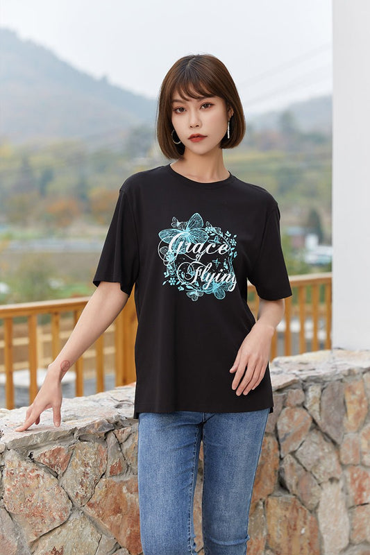 Black Printed Butterfly Pattern T-shirt - SHIMENG