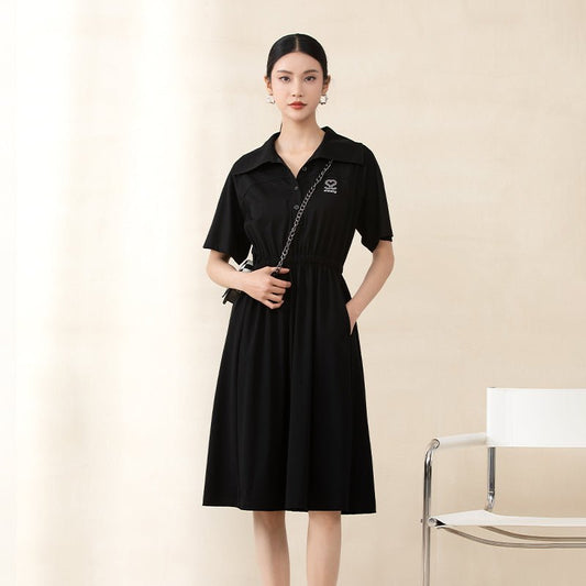 Black Short Sleeve Waist Polo Collar Dresses - SHIMENG