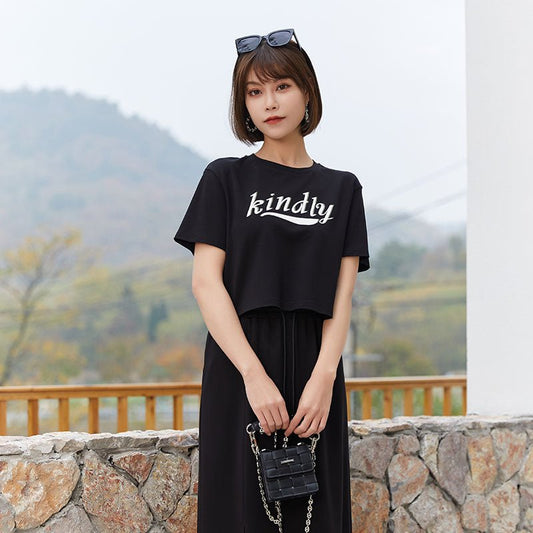 Black Short T-shirt With Letter - SHIMENG