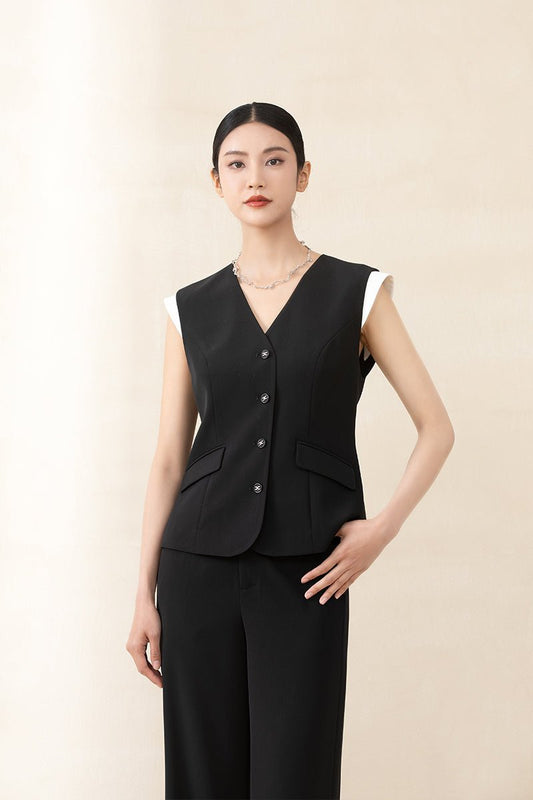 Black Sleeveless Suit Vest - SHIMENG