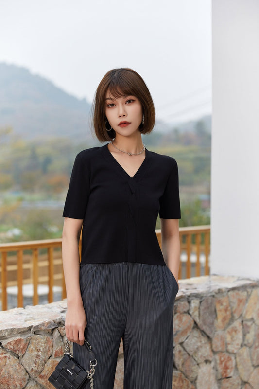 Black V Neck Knitted Top T-shirt - SHIMENG