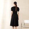 Black Waist Puff Sleeve V Neck Dresses - SHIMENG