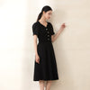 Black Waist Puff Sleeve V Neck Dresses - SHIMENG