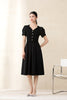 Black Waist Puff Sleeve V Neck Dresses - SHIMENG