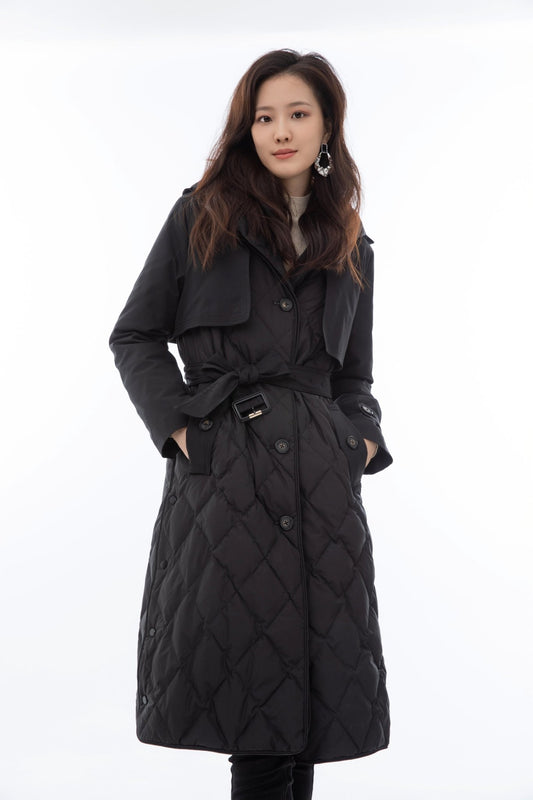 Black Windbreaker Jacket with Quilted Feather Padding - SHIMENG