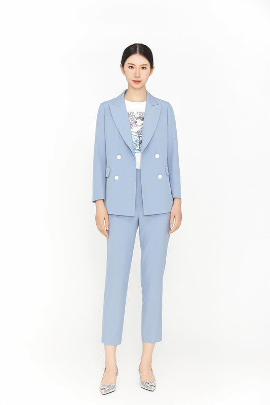 Blue Double Breasted V Neck Blazer Suits - SHIMENG