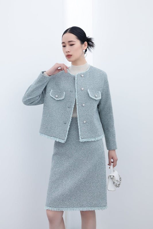 Blue-green Pearl Button Short Tweed Coats - SHIMENG