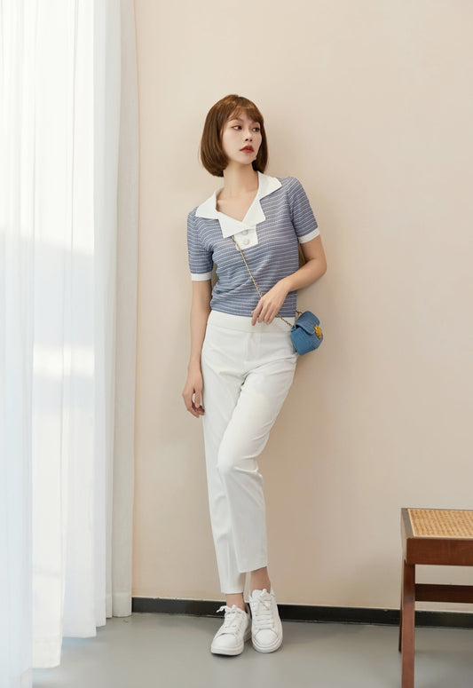 Blue Knit Short Sleeve Stripe T-shirt - SHIMENG