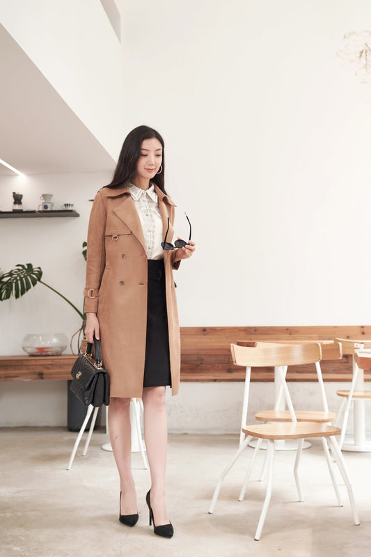 Camel Double-Breasted Belted Trench Coat - SHIMENG