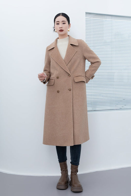 Camel Double Breasted Long Wool Overcoats - SHIMENG