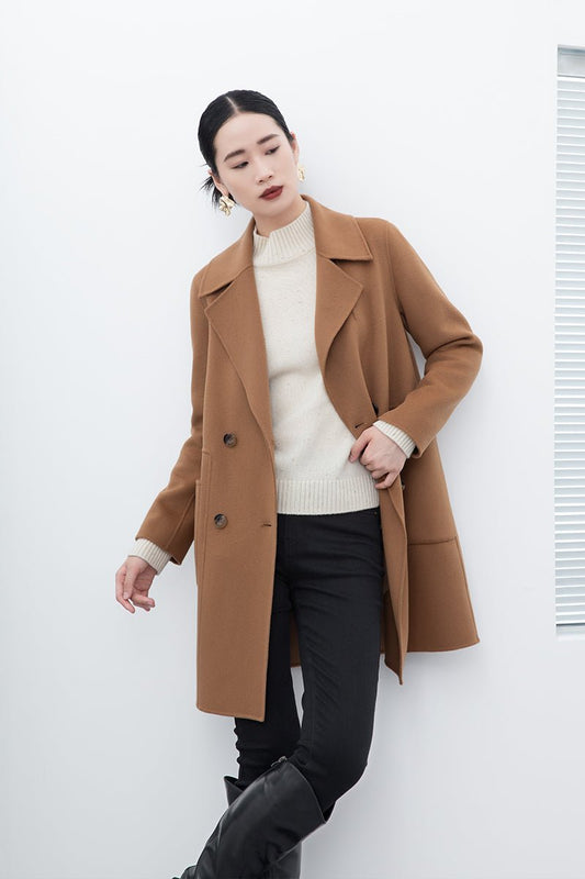 Camel Double Breasted Wool Coat - SHIMENG